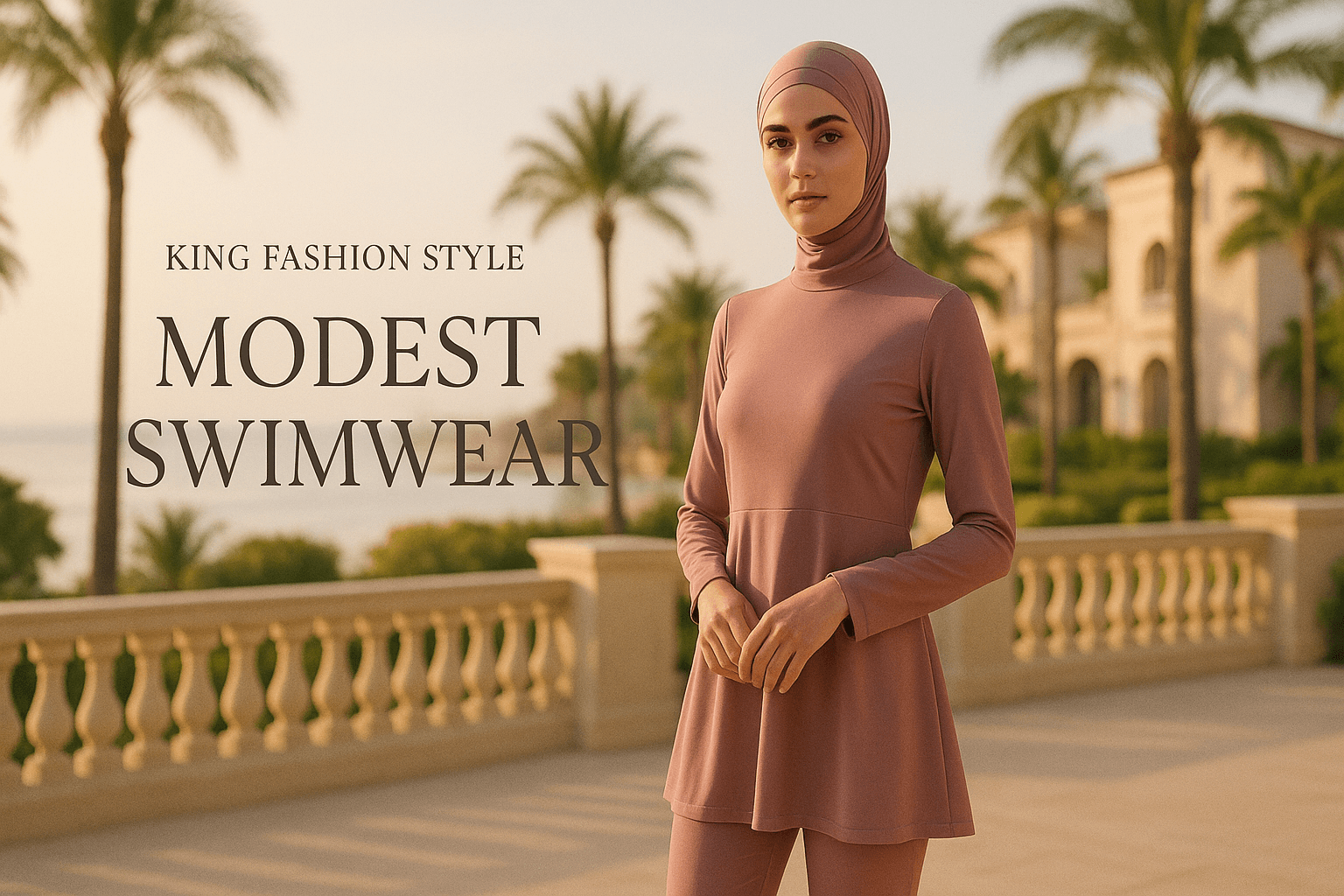 Woman wearing elegant modest swimwear on a sunny resort terrace